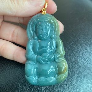 14K Yellow Gold Kwan Yin Lady Buddha Carved Natural Grade A Burma Jade Pendant L